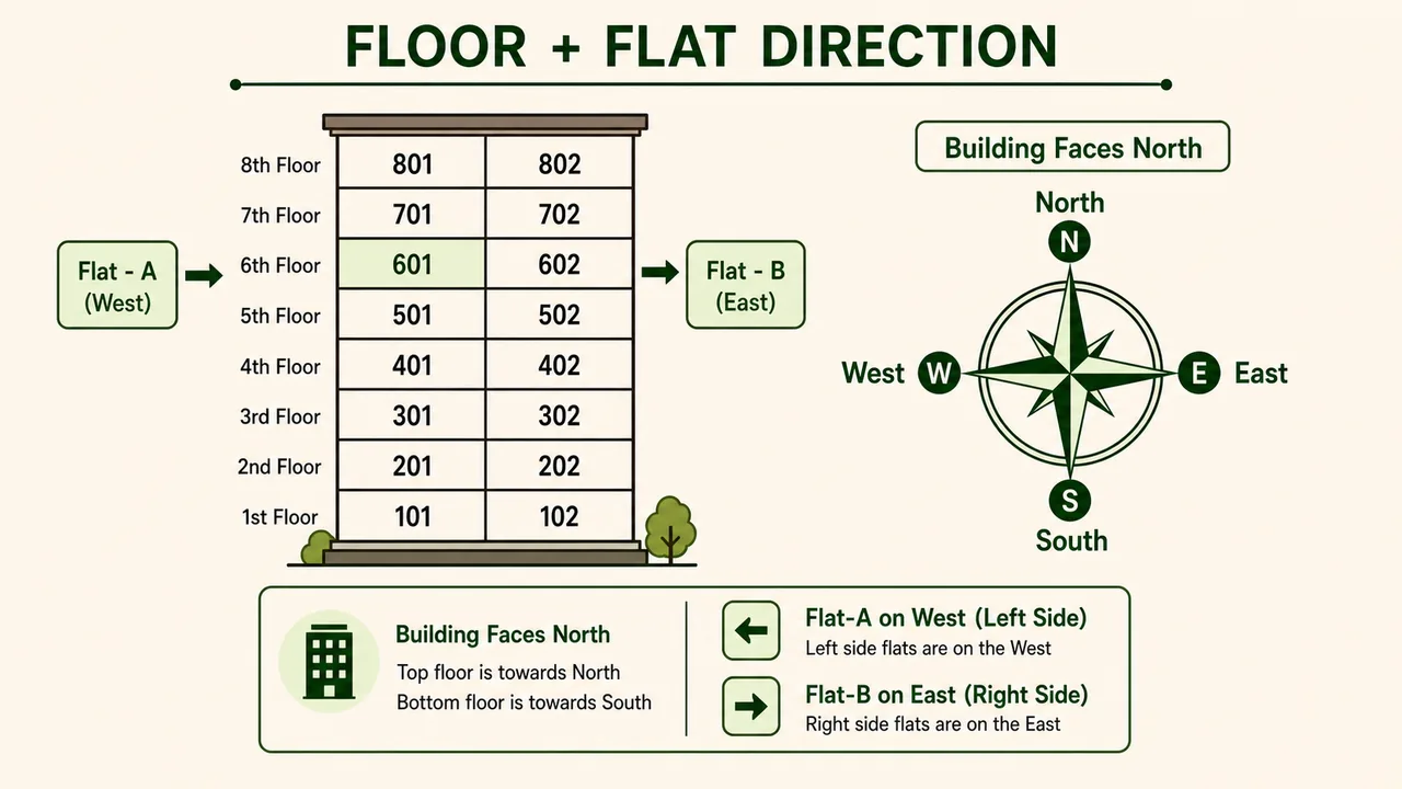 Floor number sum condition diagram for multi-building puzzles showing floor totals and valid combinations
