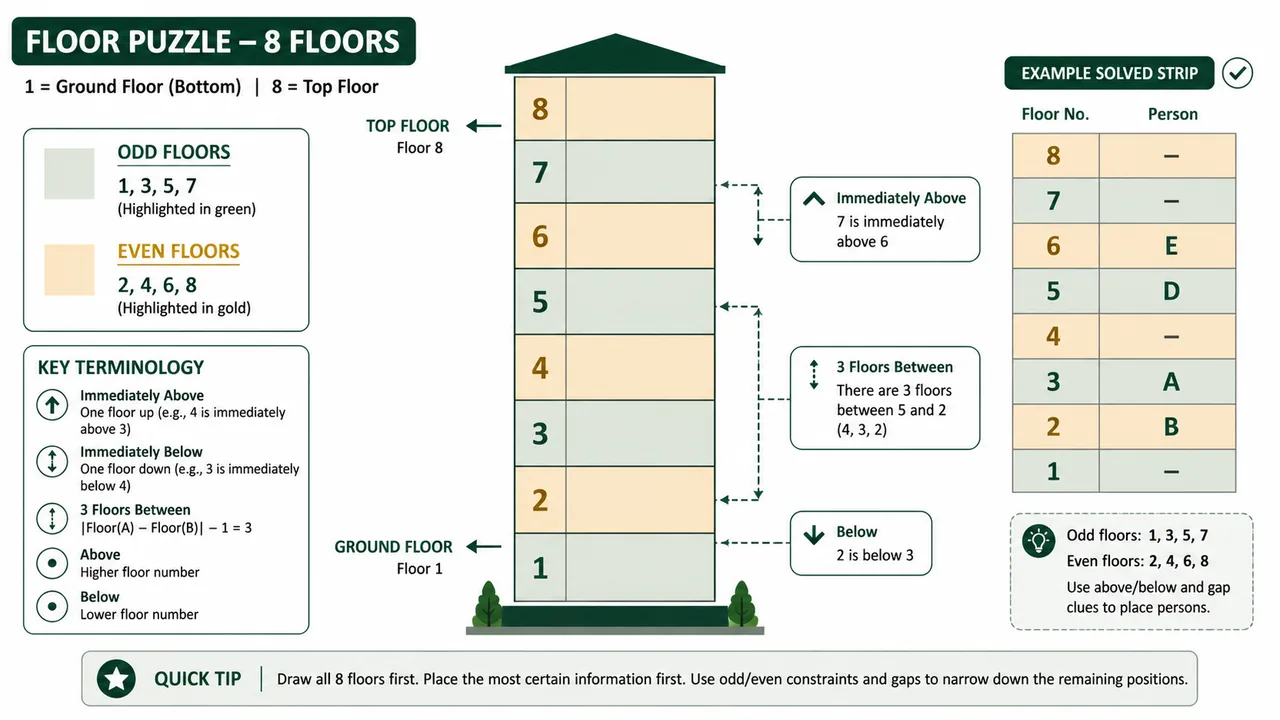 Basic floor puzzle diagram with eight floors, odd and even floor highlighting, and above-below gap clues