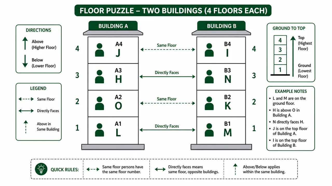 Two-building floor puzzle showing same-floor, directly-faces, and above-below relations across Building A and Building B
