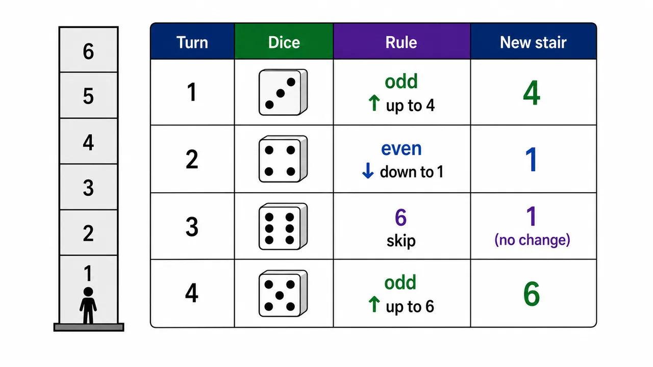 Dice-based staircase movement table showing odd-up, even-down, and skip-turn rules