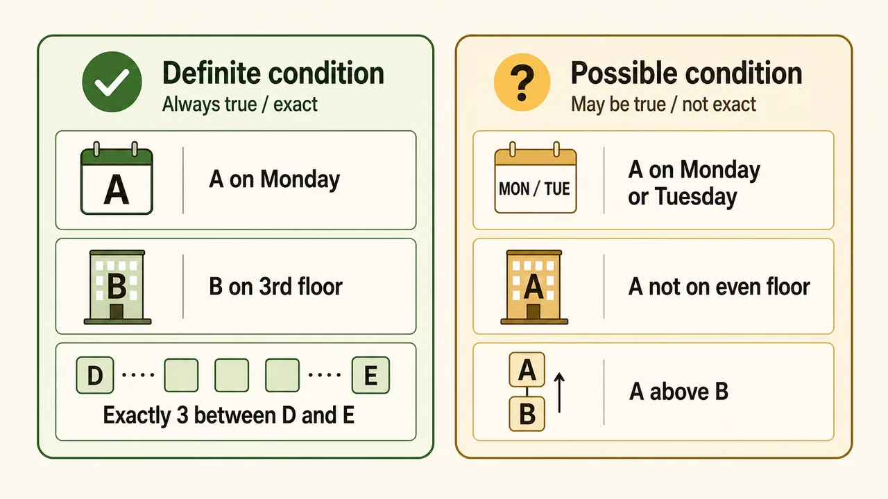 Comparison diagram showing definite puzzle conditions versus possible puzzle conditions with simple reasoning examples