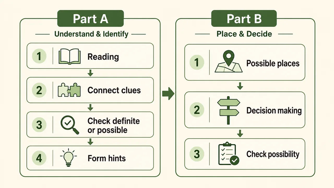 Two-part puzzle solving methodology showing Part A reading and analysis steps and Part B solving and decision making steps