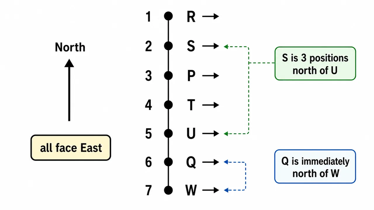 Solved vertical linear arrangement facing east with positions from north to south
