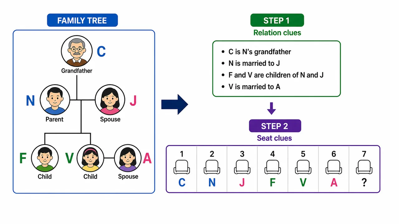 Blood relation and linear seating workflow showing a family tree first and a seating row second