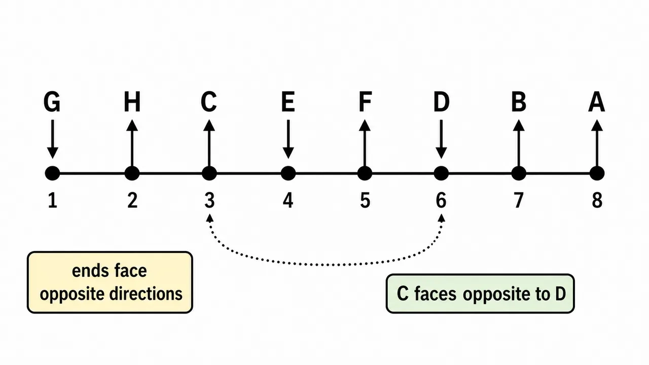 Solved double-facing linear arrangement showing seat order and facing directions from left to right