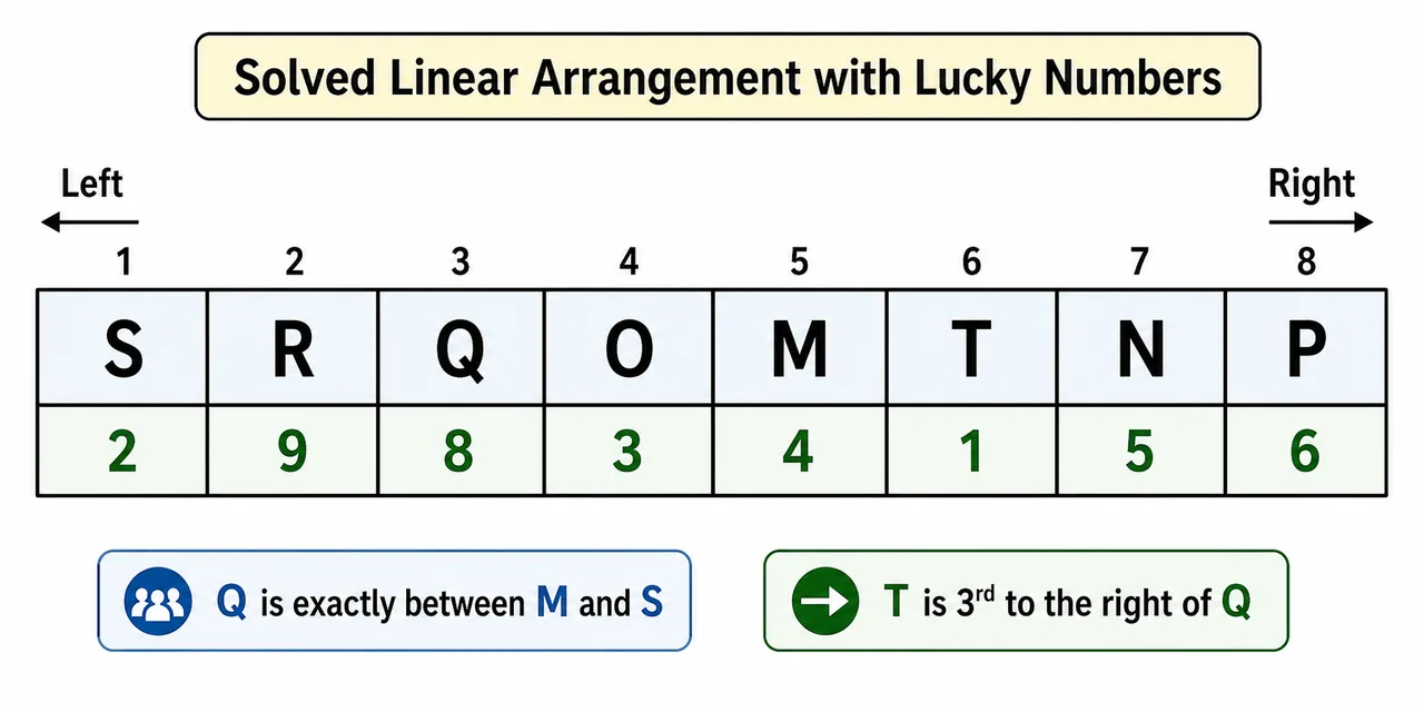 Solved linear arrangement with lucky numbers mapped under each person in order from left to right