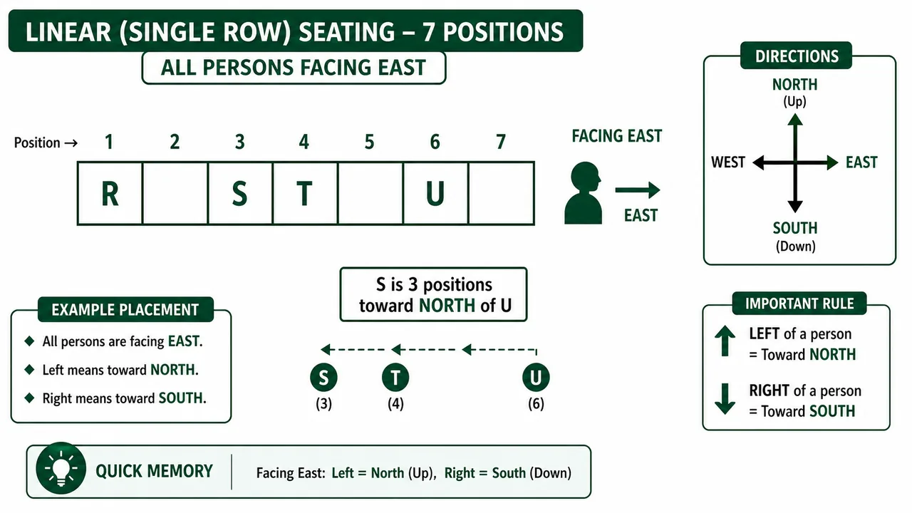 Single-row reasoning puzzle with persons facing east, showing that left means north and right means south in a vertical arrangement