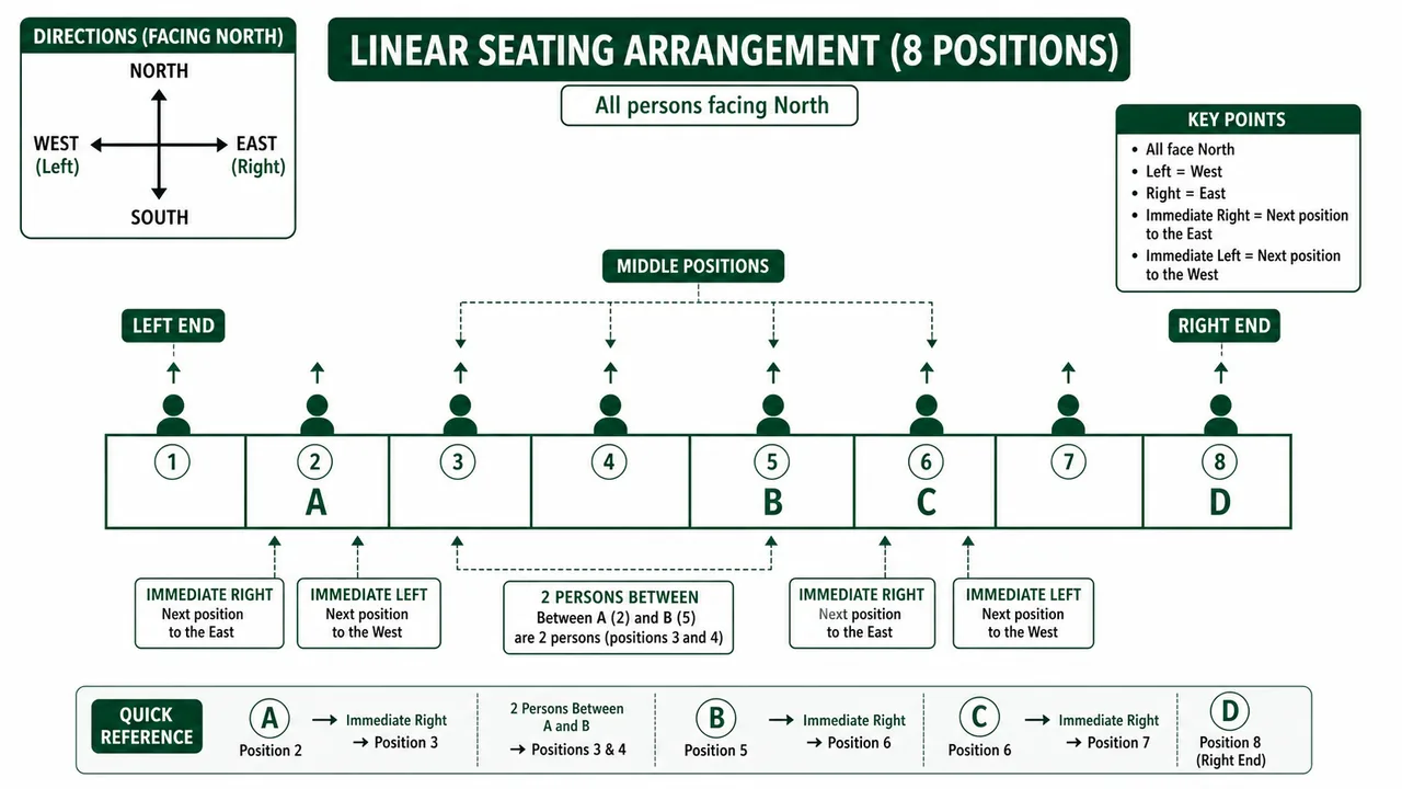 Linear seating arrangement row with eight positions, left and right ends, middle positions, and immediate left-right rules for north-facing persons