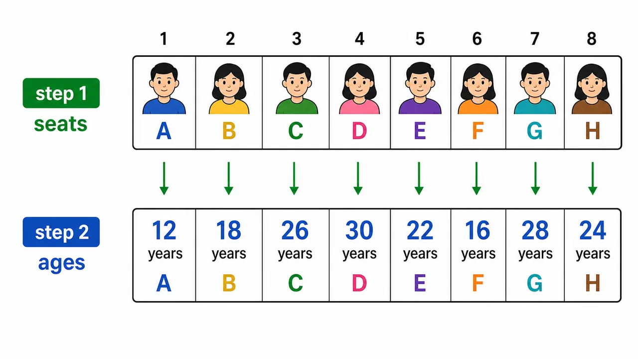 Linear seating arrangement with a second variable layer showing that seats are solved before ages or other variables are mapped