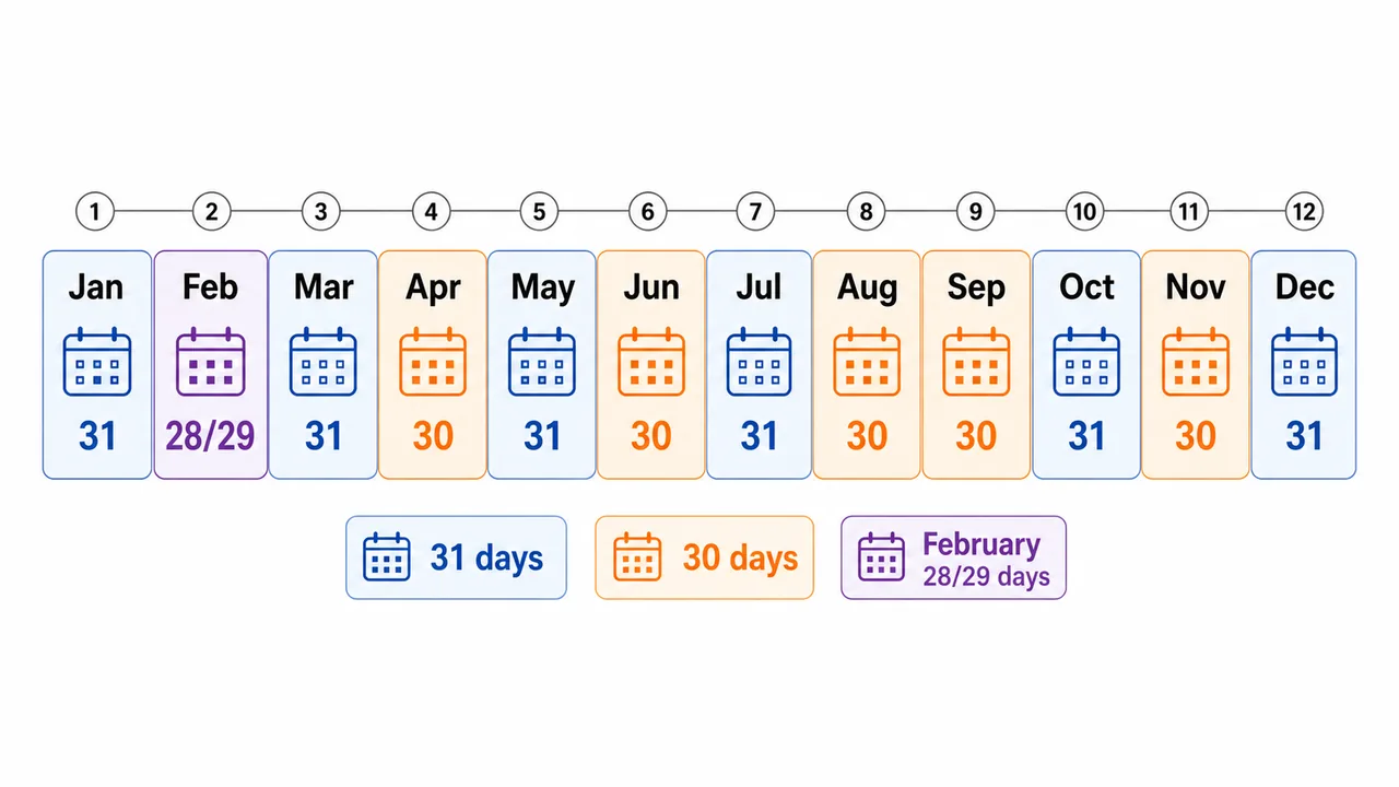 Month puzzle timeline highlighting 30-day months, 31-day months, and February separately