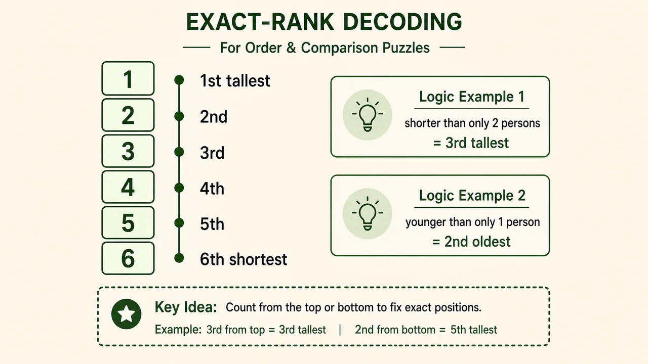 Exact rank decoding chart for order and comparison puzzles showing how only-above and only-below clues convert into exact ranks