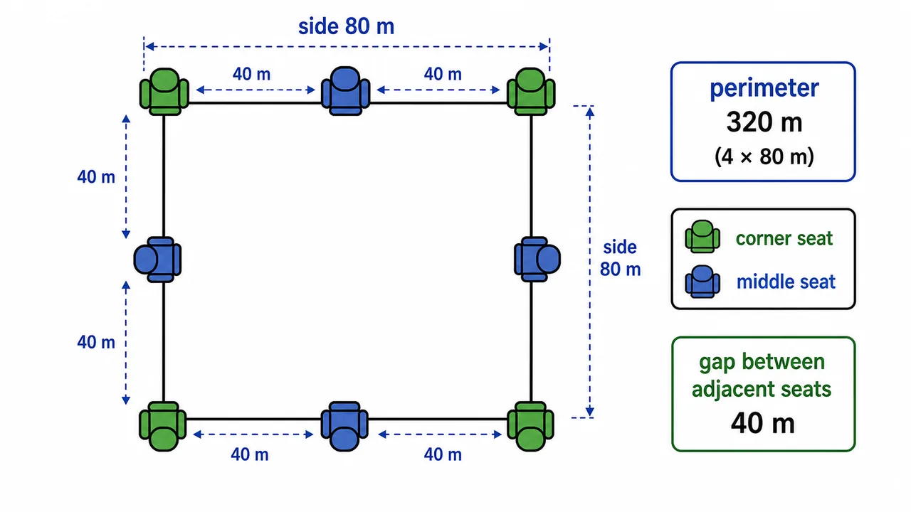 Square perimeter seating image showing side length, total perimeter, and equal adjacent spacing