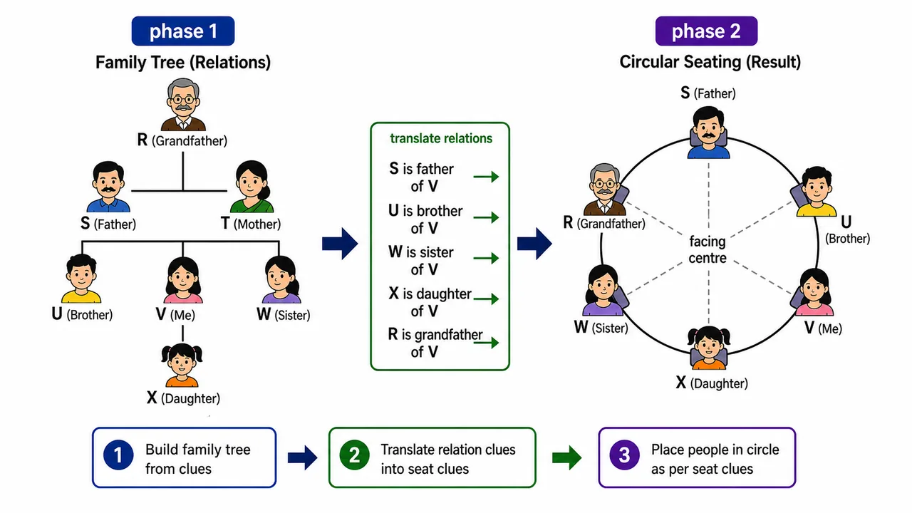 Two-phase relation puzzle showing a family tree on one side and the circular seating arrangement on the other