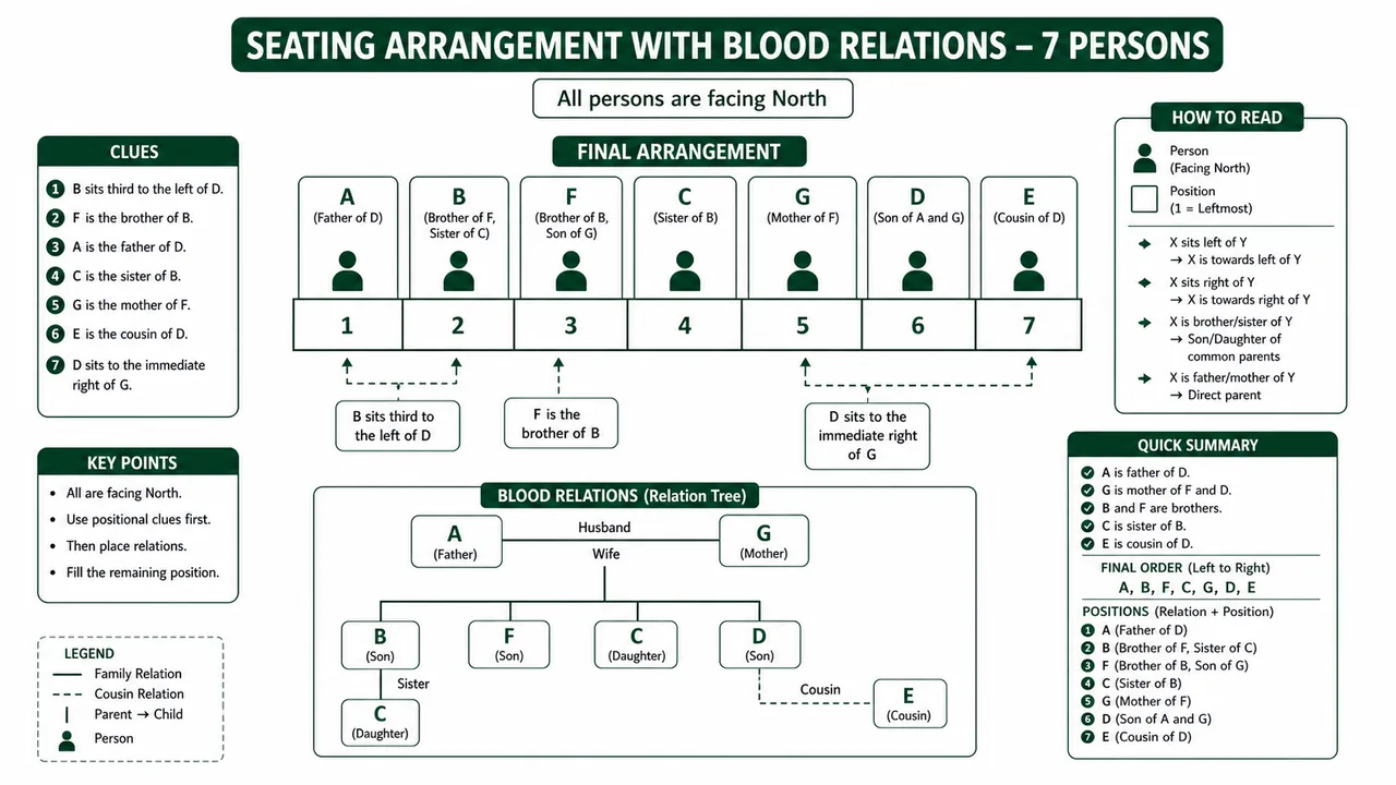 Linear seating arrangement with blood relations showing seat positions and a supporting family tree