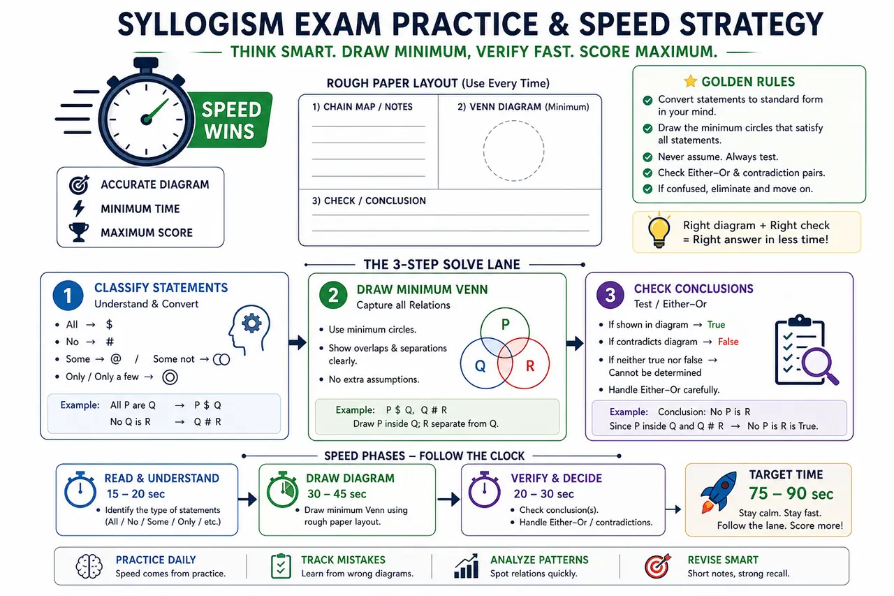 Exam speed strategy infographic for syllogism with timed phases and minimum diagram workflow