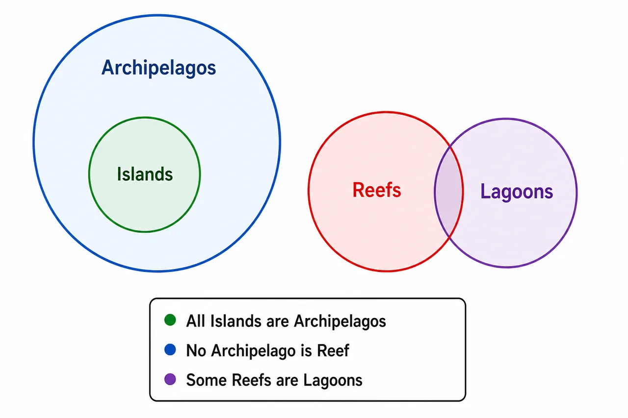 Practice set visual with islands inside archipelagos and reef-lagoon overlap separated from archipelagos