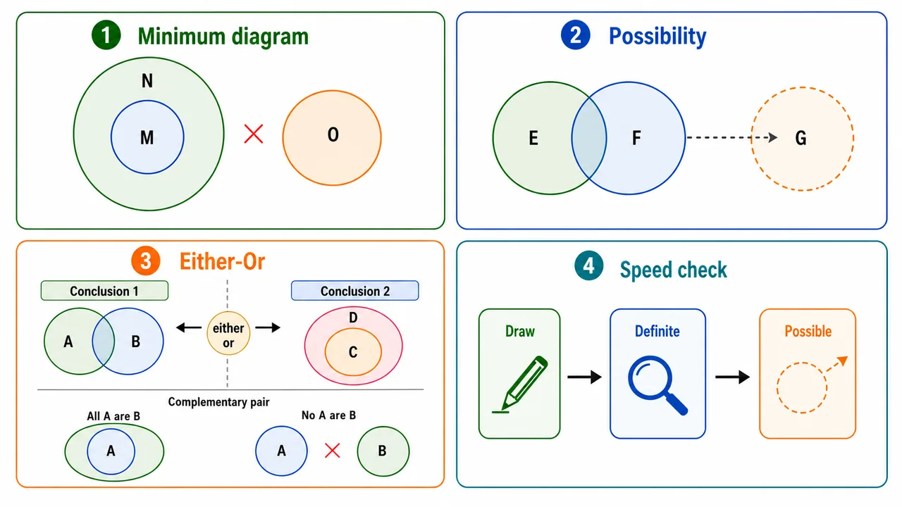 Minimum diagram and step-by-step exam workflow for complex syllogism sets