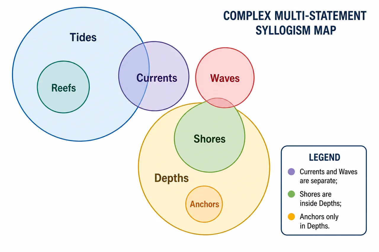 Six-statement chain map with reefs inside tides, tides partly overlapping currents, and shores-waves-depths-anchor block