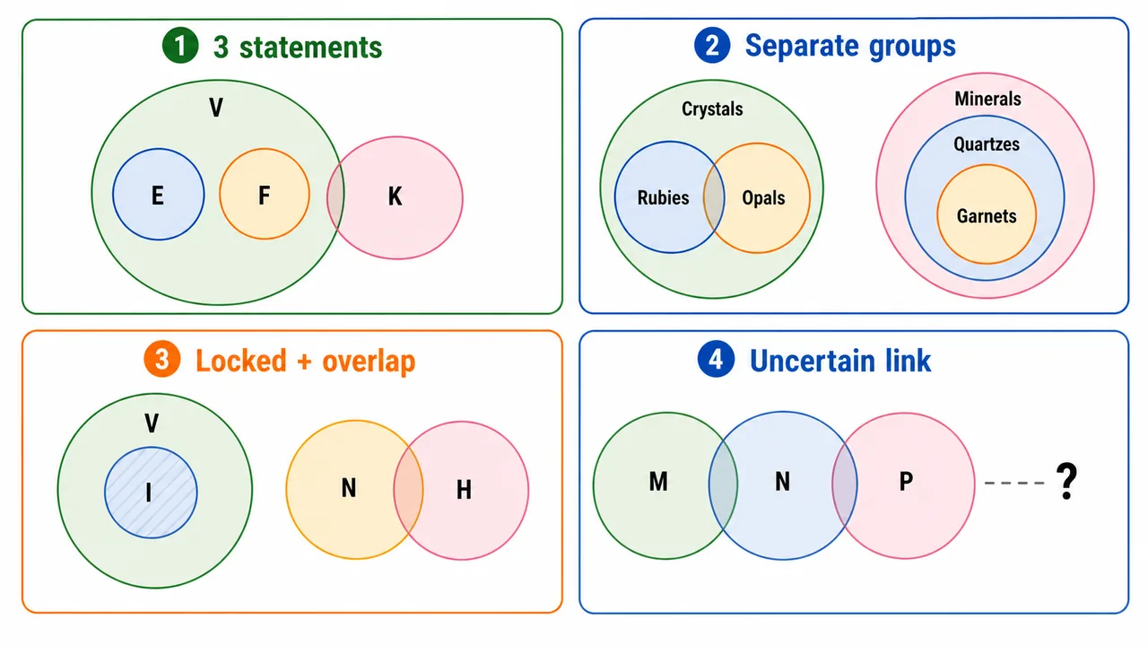 Multi-statement syllogism panels showing separate groups locked sets and uncertain links