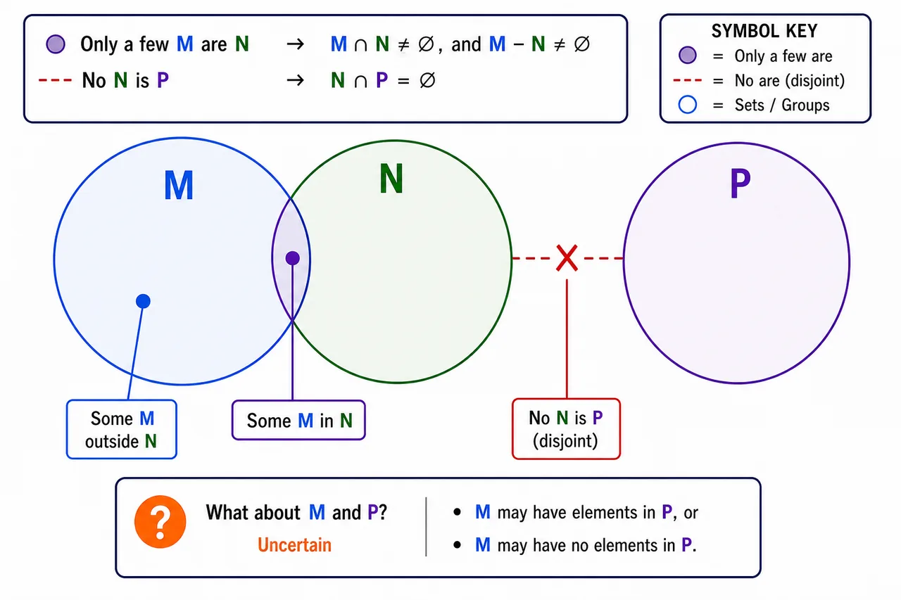 Only a few M are N with N disjoint from P, showing uncertain M-P relation