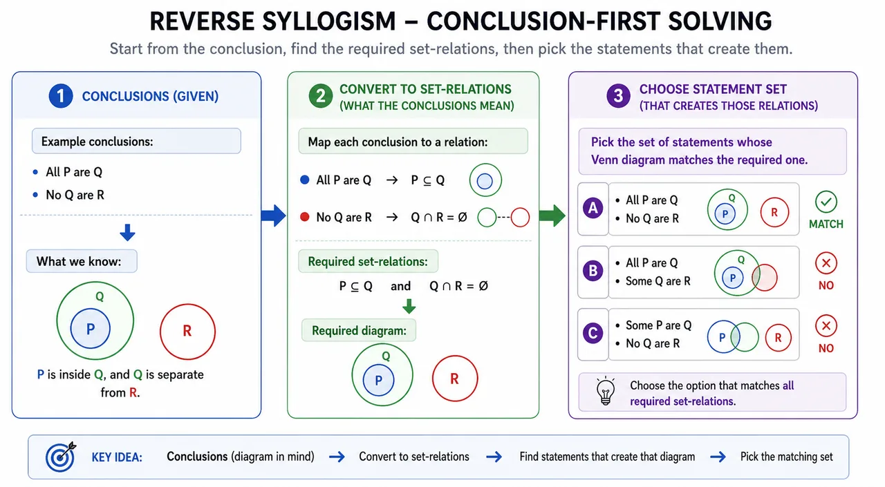 Conclusion-first reverse syllogism workflow mapping conclusions to required set relations before testing options