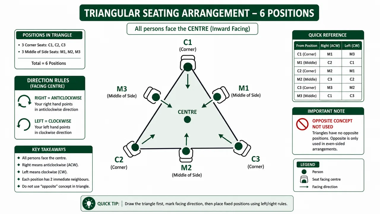 Triangular seating arrangement with three corner seats, three middle seats, inward facing arrows, and clockwise-anticlockwise movement