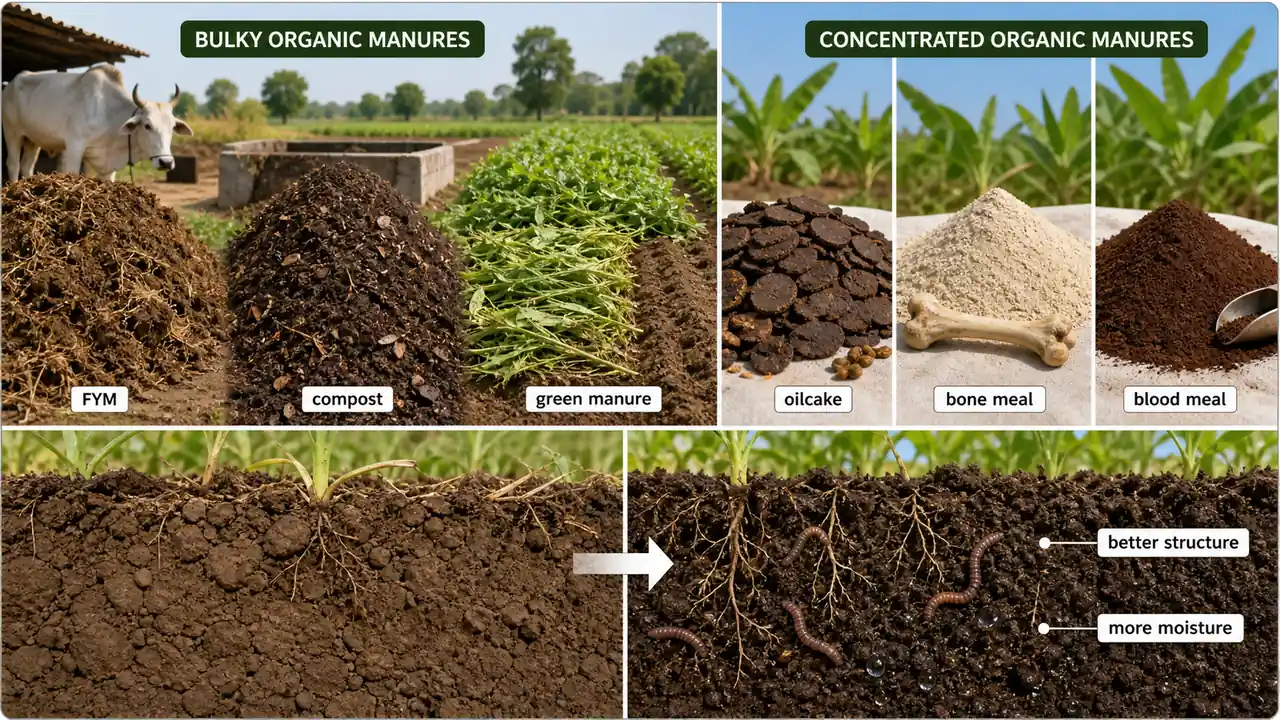 Classification of organic manures into bulky and concentrated groups with practical examples