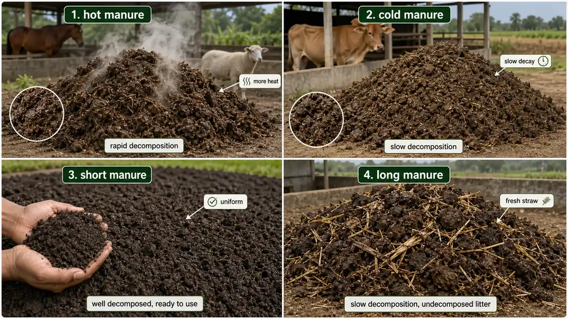 Comparison of hot manure, cold manure, short manure, and long manure in organic manure management