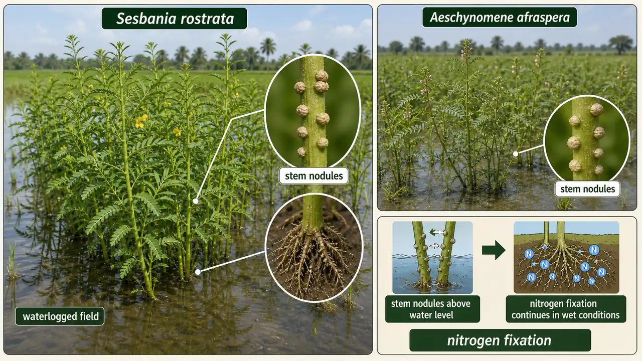 Stem nodulation in Sesbania rostrata and Aeschynomene afraspera showing nodules above water level in waterlogged green-manure fields