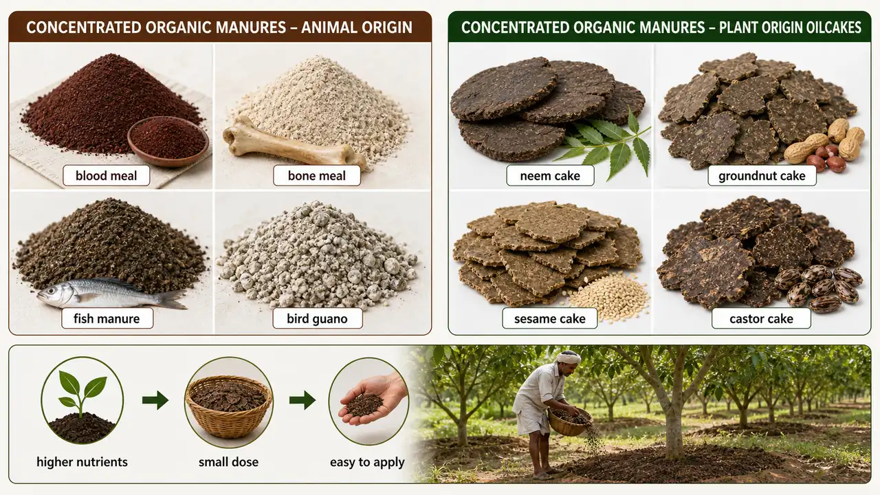 Concentrated organic manures grouped into animal-origin manures and plant-origin oilcakes with small-dose field application