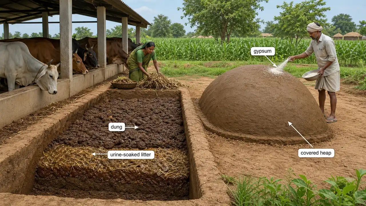Farm yard manure preparation showing dung, urine-soaked litter, covered heap, and gypsum use to reduce nutrient loss