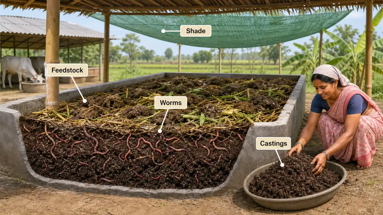 Vermicompost bed under shade showing feedstock, earthworms, and harvested castings in soil amendments