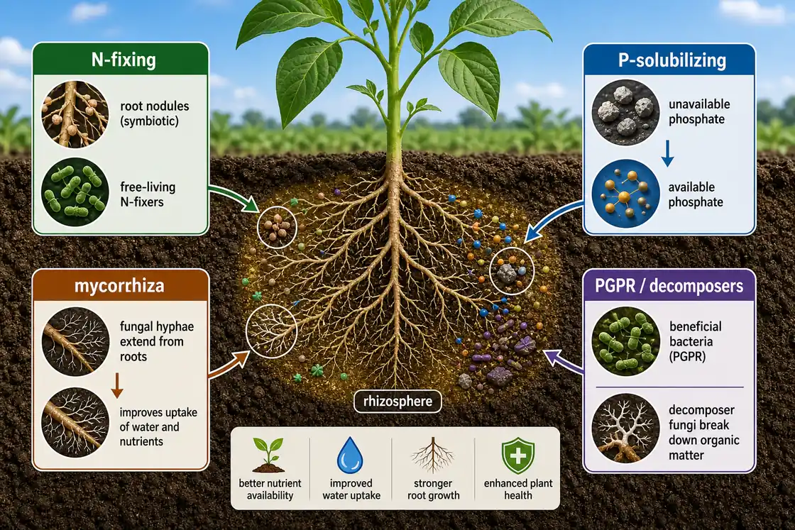Biofertilizer groups around crop roots including nitrogen fixers, phosphate solubilizers, mycorrhiza, and PGPR