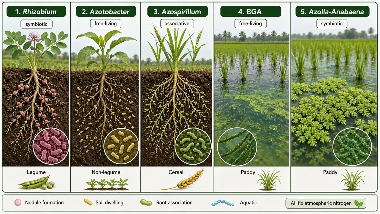 Comparison of Rhizobium, Azotobacter, Azospirillum, blue green algae, and Azolla-Anabaena as nitrogen-fixing biofertilizers