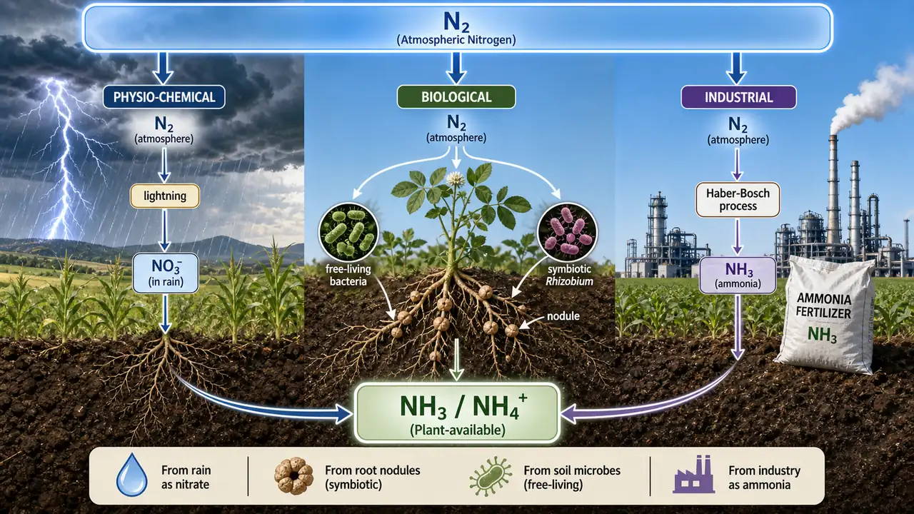 Nitrogen fixation pathways showing atmospheric, biological, and industrial conversion of nitrogen into ammonia near crop roots