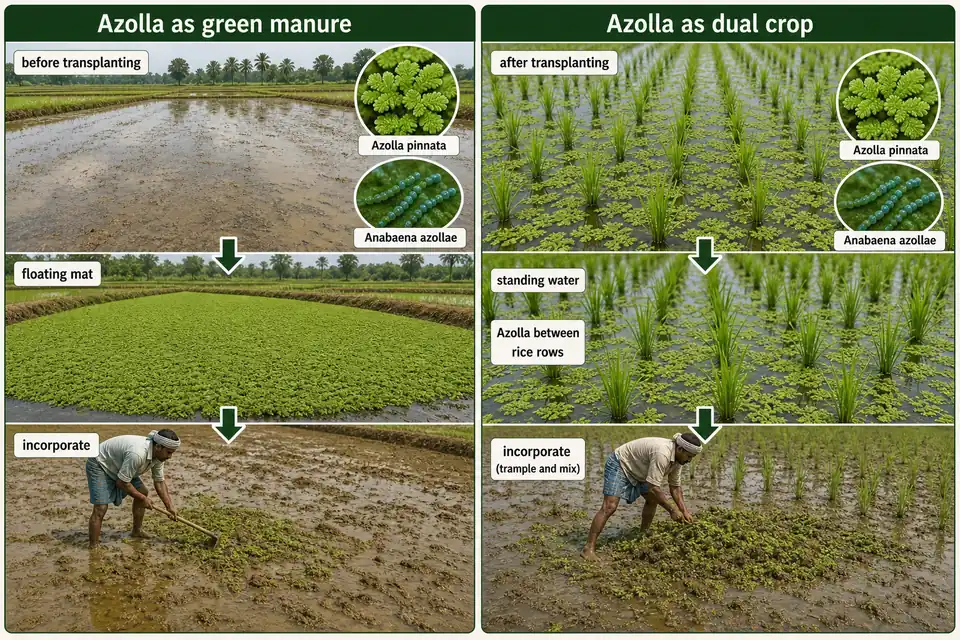 Azolla-Anabaena use in rice cultivation showing Azolla as green manure before transplanting and as a dual crop after transplanting in standing water