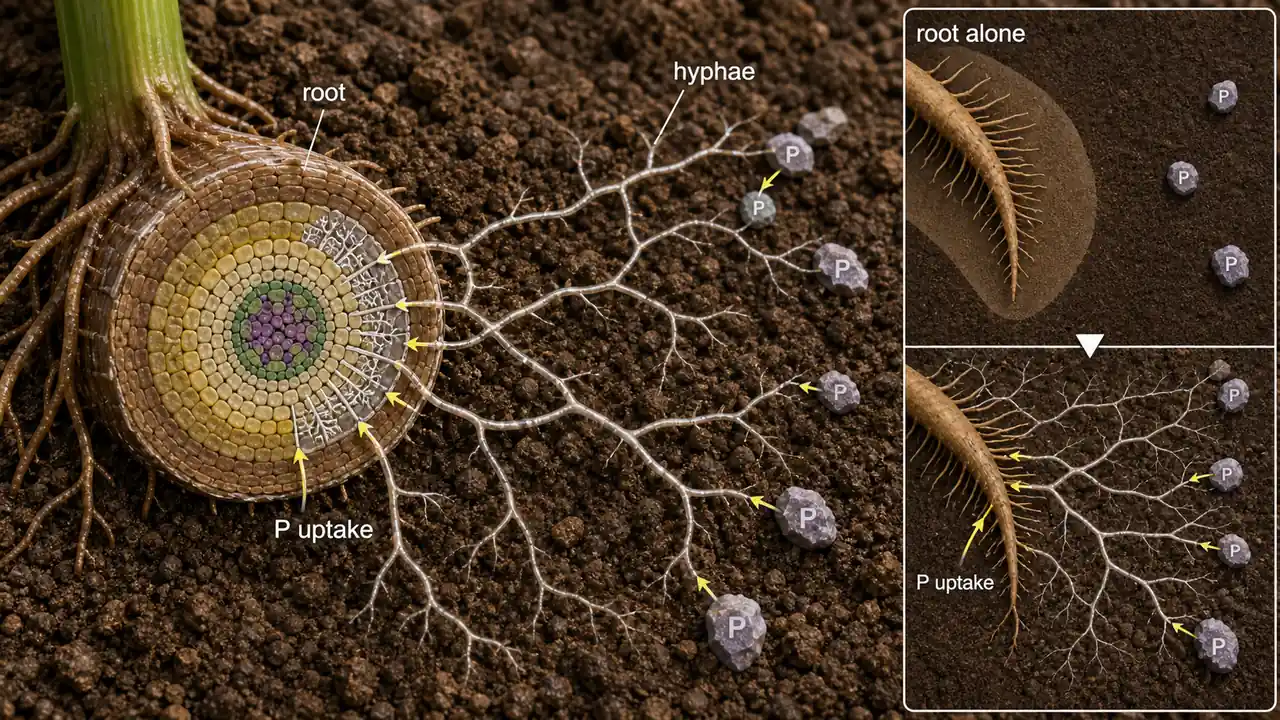 Mycorrhiza improving phosphorus uptake by extending fungal hyphae beyond root hairs in soil
