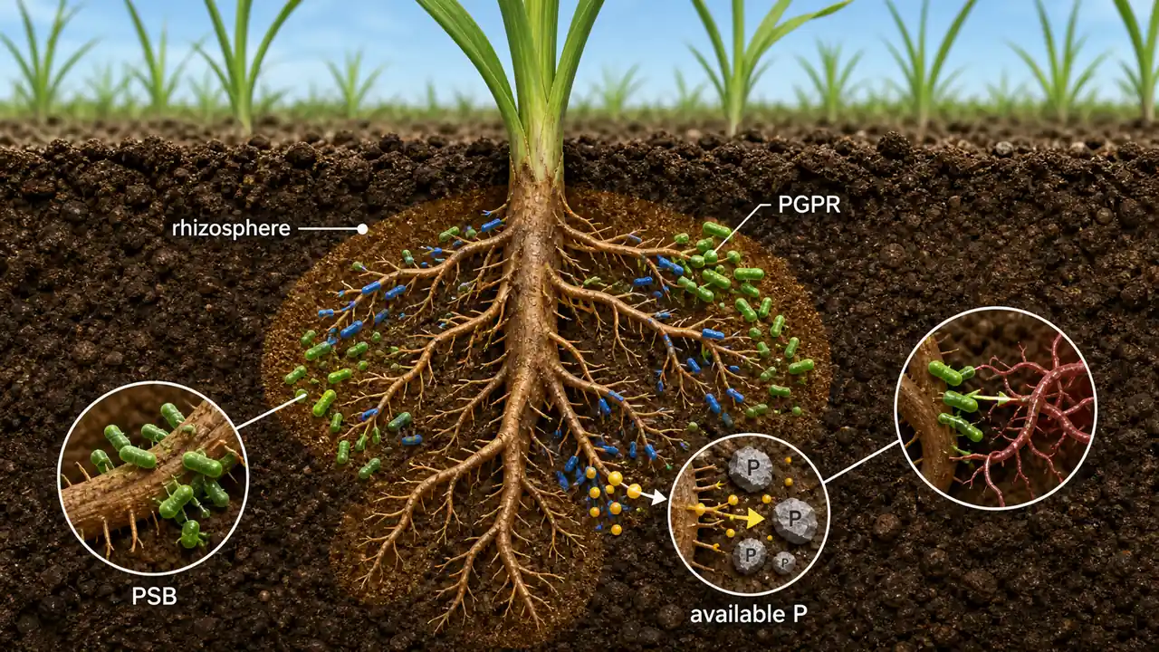 PGPR and phosphate-solubilizing bacteria working in the rhizosphere to improve root health and available phosphorus