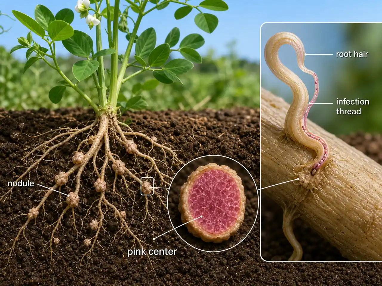 Rhizobium nodulation in legume roots showing infection thread, root hair, and pink active nodule center