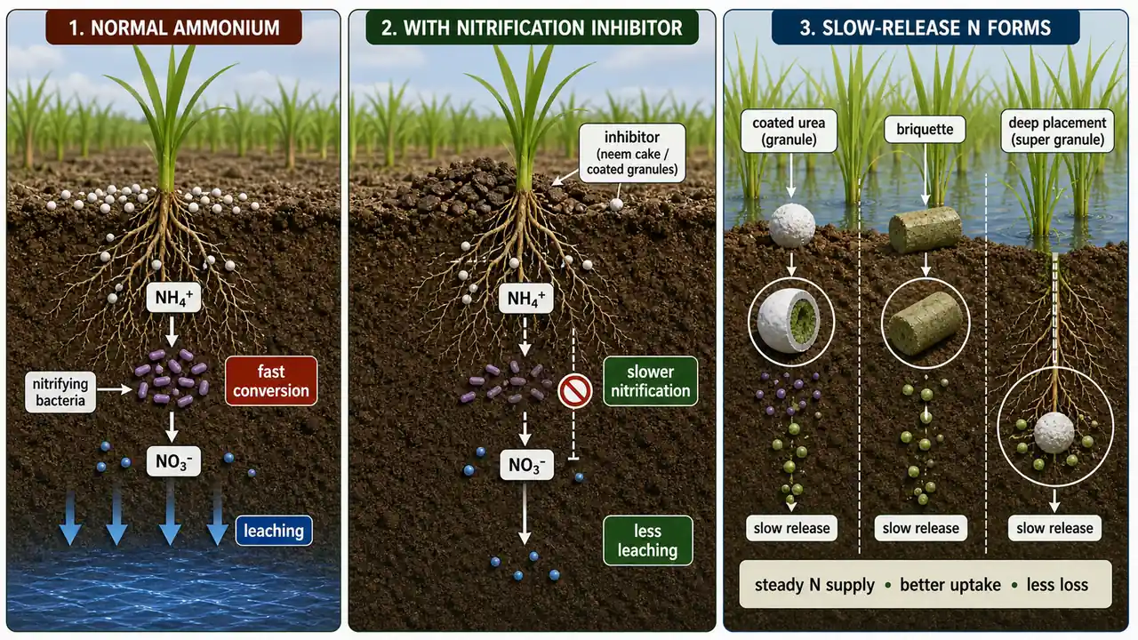 Sources of nitrogen in nature including atmosphere, soil organic matter, rain, biological fixation, and industry