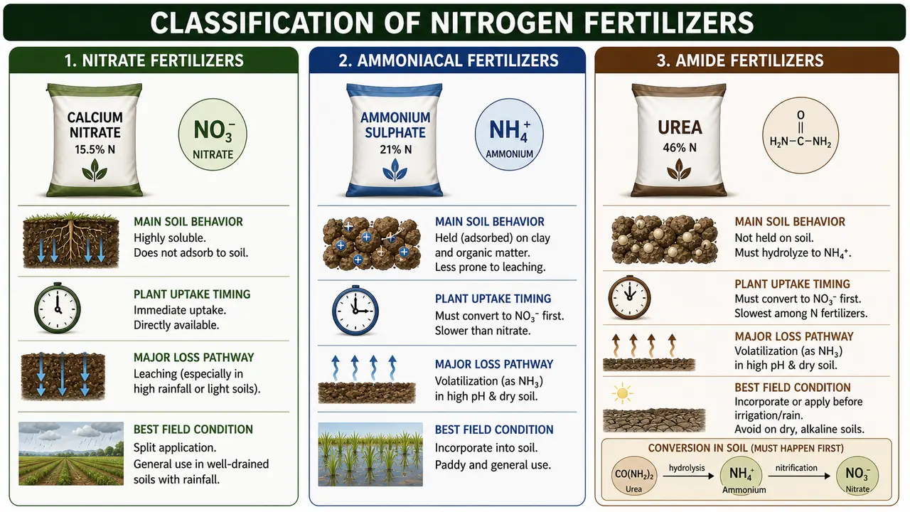 Classification of nitrogen fertilizers showing nitrate, ammoniacal, and amide forms with their soil behavior, loss pathways, and best-use conditions