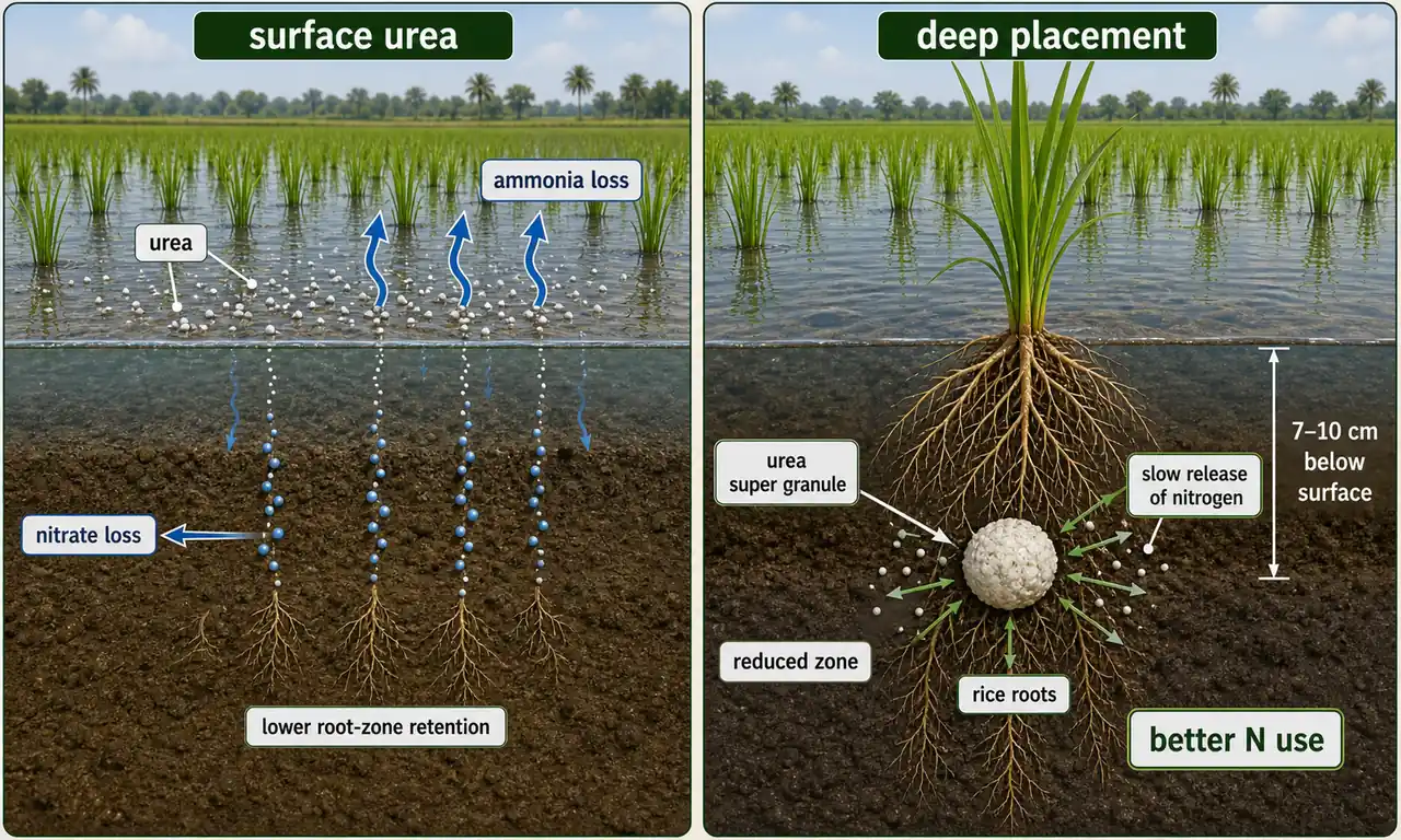 Paddy nitrogen management comparing surface-applied urea with deep placement of urea super granules in the reduced zone near rice roots