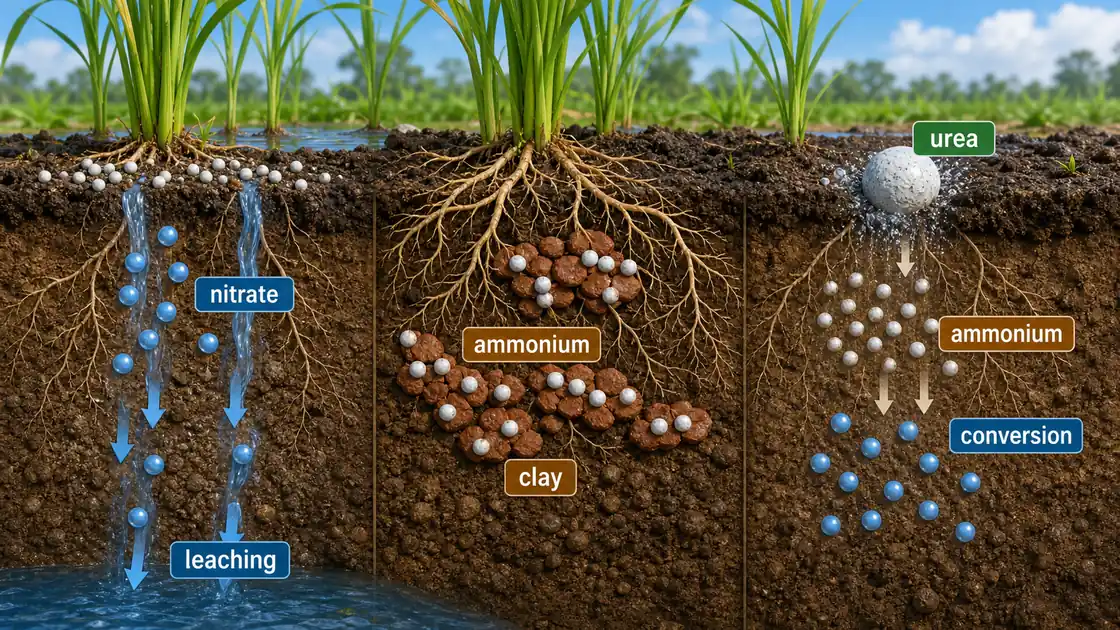 Soil behavior of nitrate, ammonium, and urea showing leaching, clay adsorption, and conversion in crop root zone