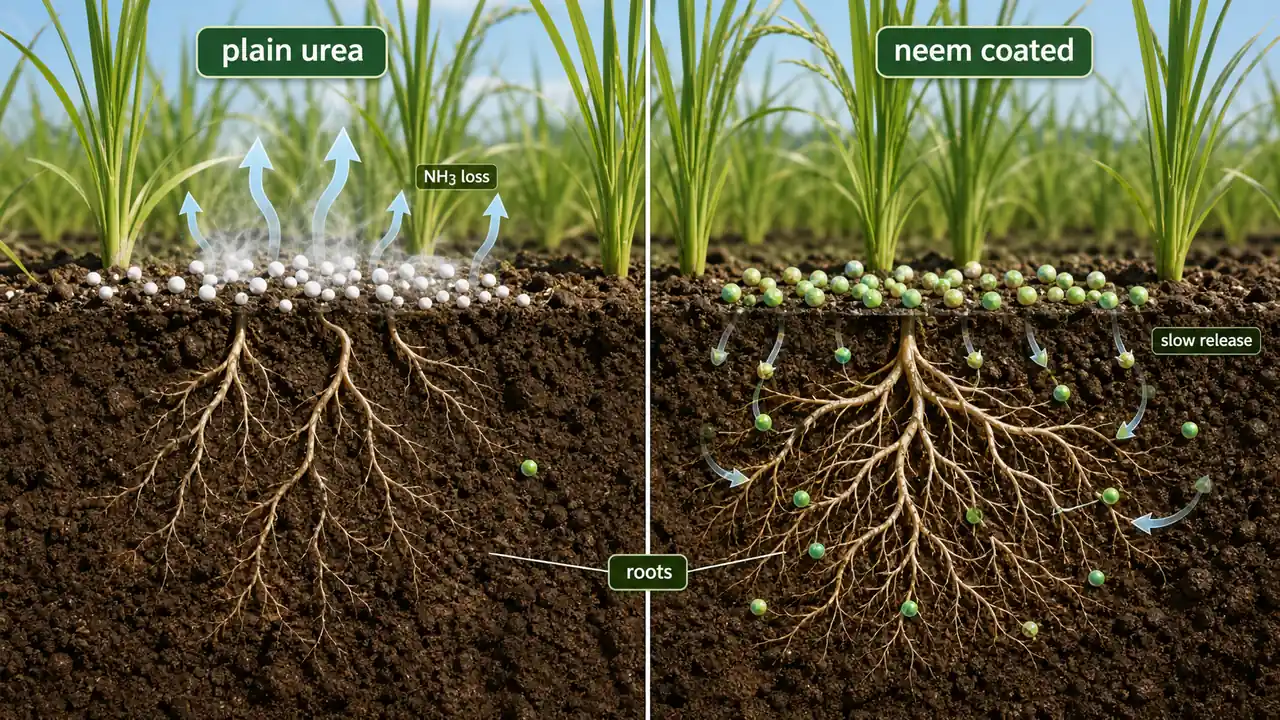 Plain urea and neem-coated urea compared in soil showing ammonia loss from surface application and slower root-zone release