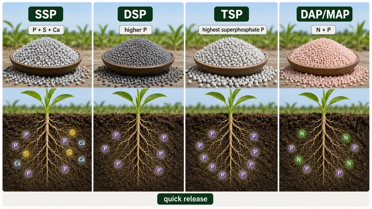 Comparison of water-soluble phosphatic fertilizers including SSP, DSP, TSP, and ammonium phosphates