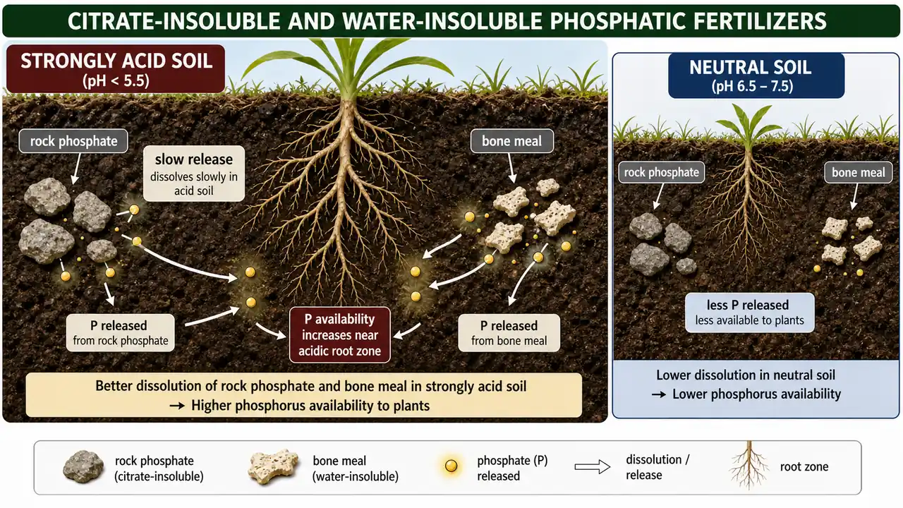 Rock phosphate and bone meal in acid soil showing slow phosphorus release near the root zone
