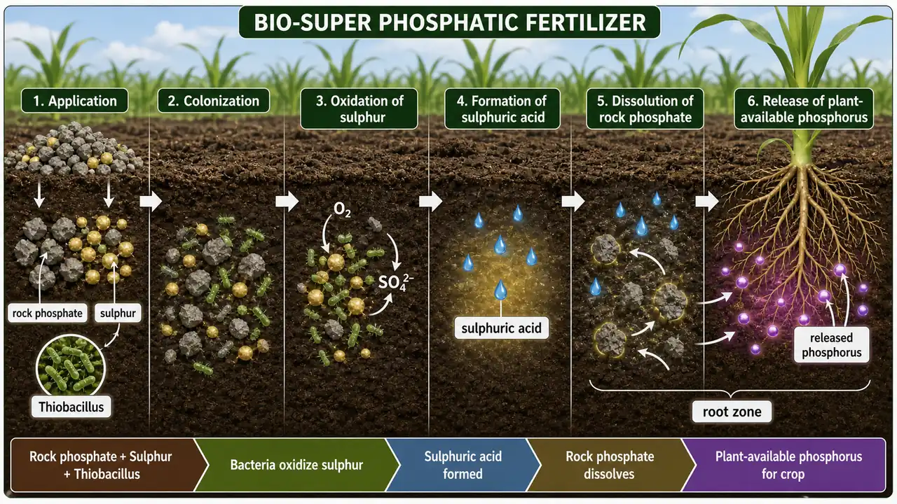 Bio-super fertilizer process showing rock phosphate mixed with sulphur and Thiobacillus, followed by sulphur oxidation, acid formation, and release of plant-available phosphorus near roots