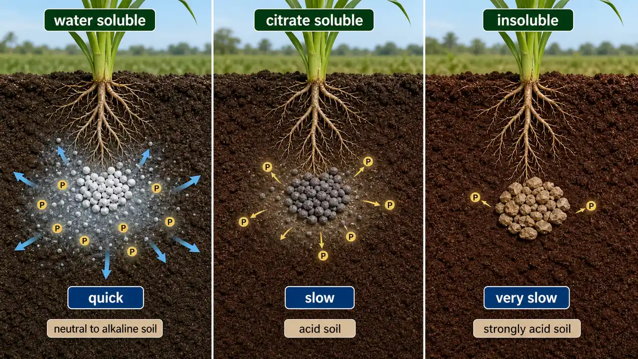 Water soluble, citrate soluble, and insoluble phosphatic fertilizers compared by release speed and soil suitability