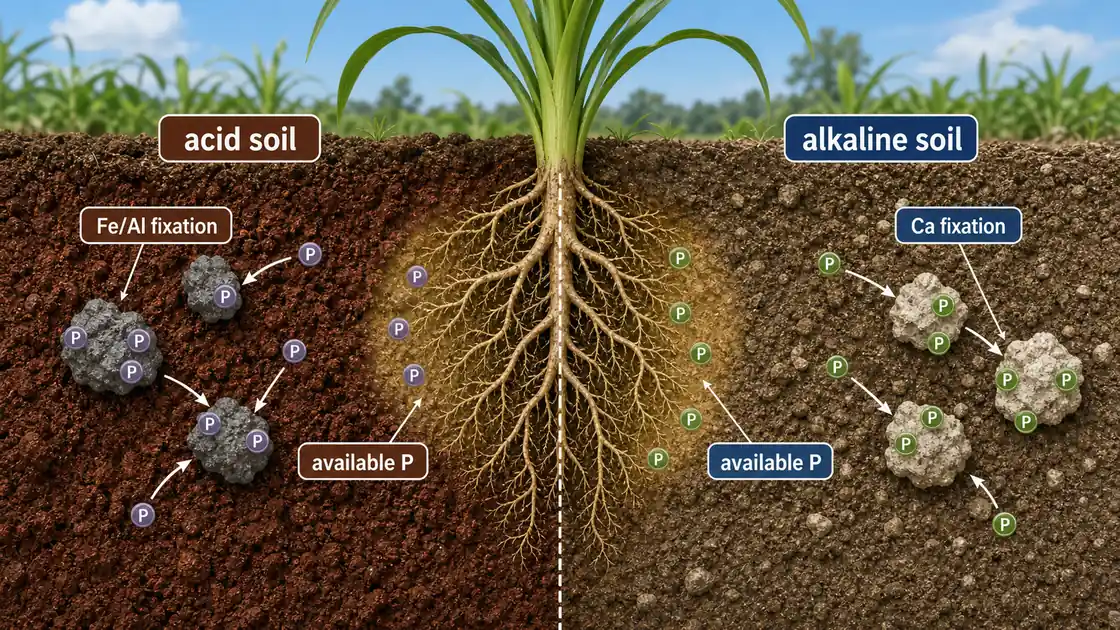 Phosphorus fixation in acid and alkaline soils showing iron aluminium fixation, calcium fixation, and a small available phosphorus zone near roots