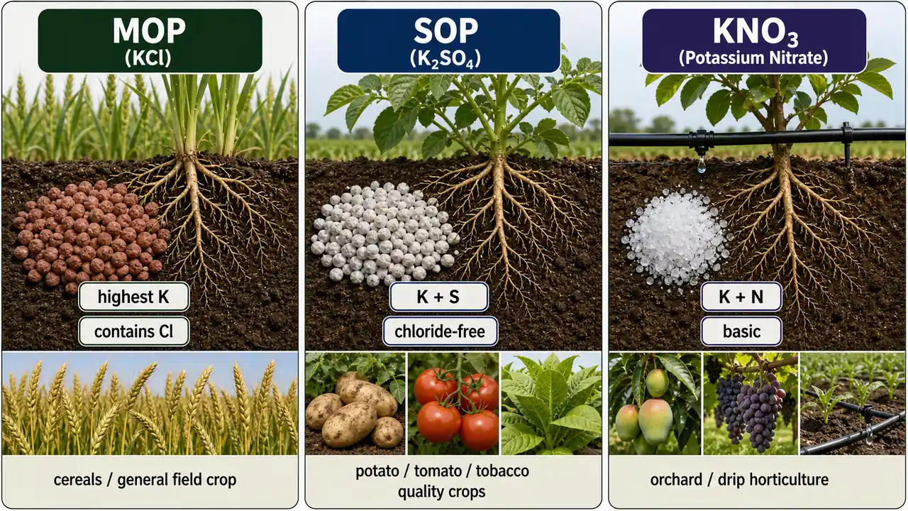 Comparison of MOP, SOP, and potassium nitrate by nutrient package, chloride status, and crop suitability